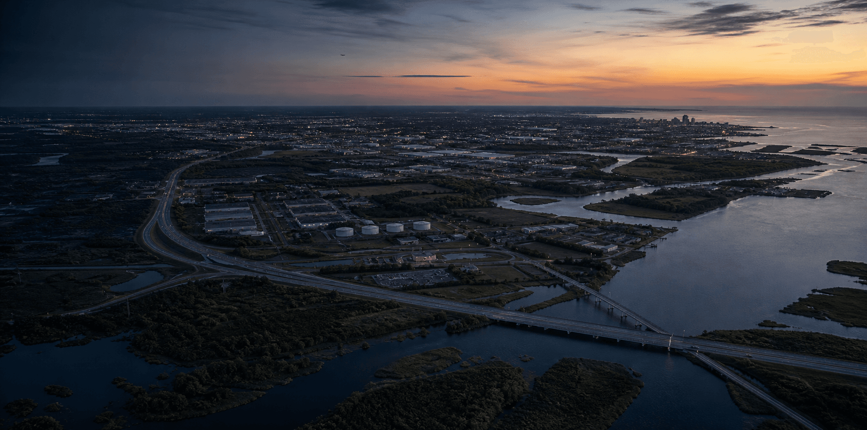 Aerial view of urban infrastructure, waterways, and roads at first light